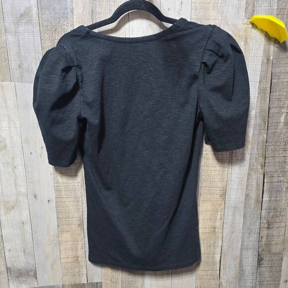 Free People FP Ellery Scoop Neck Shirt Pleated Short Puff Sleeve Blouse Charcoal - Picture 3 of 5